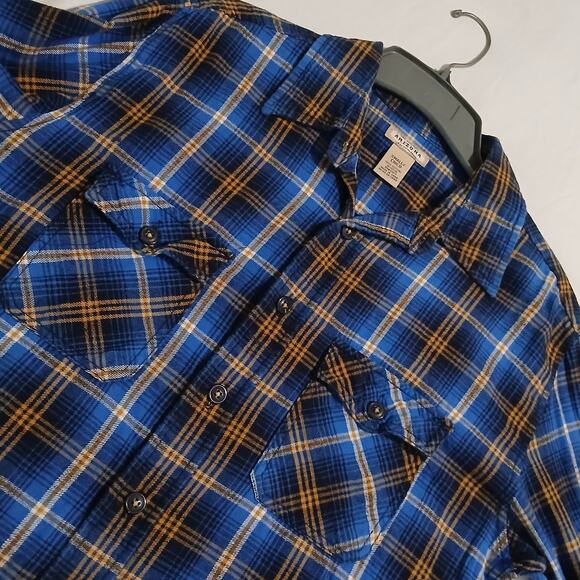 Arizona Small Blue Plaid Long-Sleeved Flannel Shirt 100% Cotton Two Pocket - Picture 4 of 12